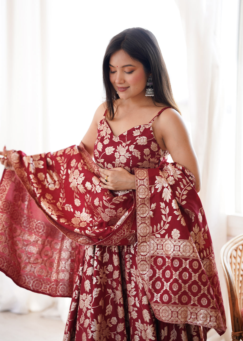 Maroon Banarasi Dola Silk Anarkali Set | Tulip Designer
