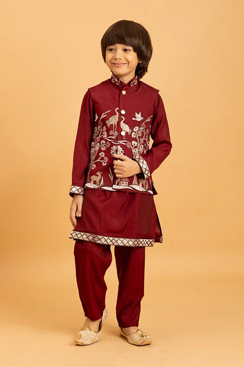 Kids Wedding Special Maroon Koti Kurta Set Outfit