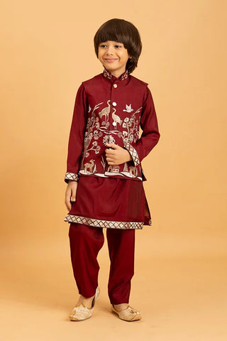 Kids Wedding Special Maroon Koti Kurta Set Outfit