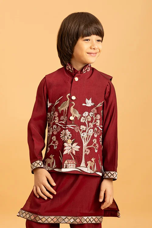 Kids Wedding Special Maroon Koti Kurta Set Outfit