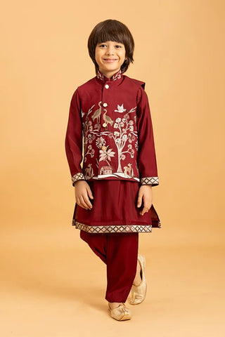 Kids Wedding Special Maroon Koti Kurta Set Outfit