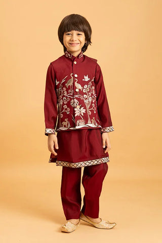 Kids Wedding Special Maroon Koti Kurta Set Outfit