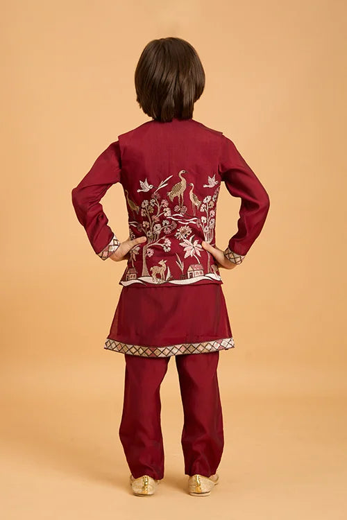 Kids Wedding Special Maroon Koti Kurta Set Outfit