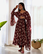 Faux Georgette Three Piece Dark Maroon Anarkali Suit

