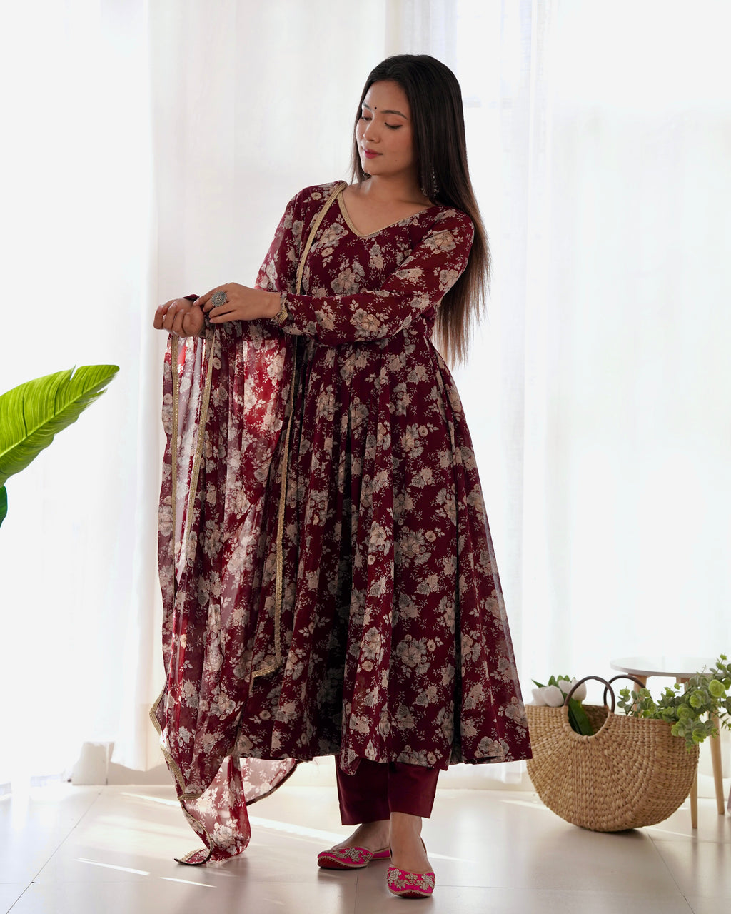 Faux Georgette Three Piece Dark Maroon Anarkali Suit
