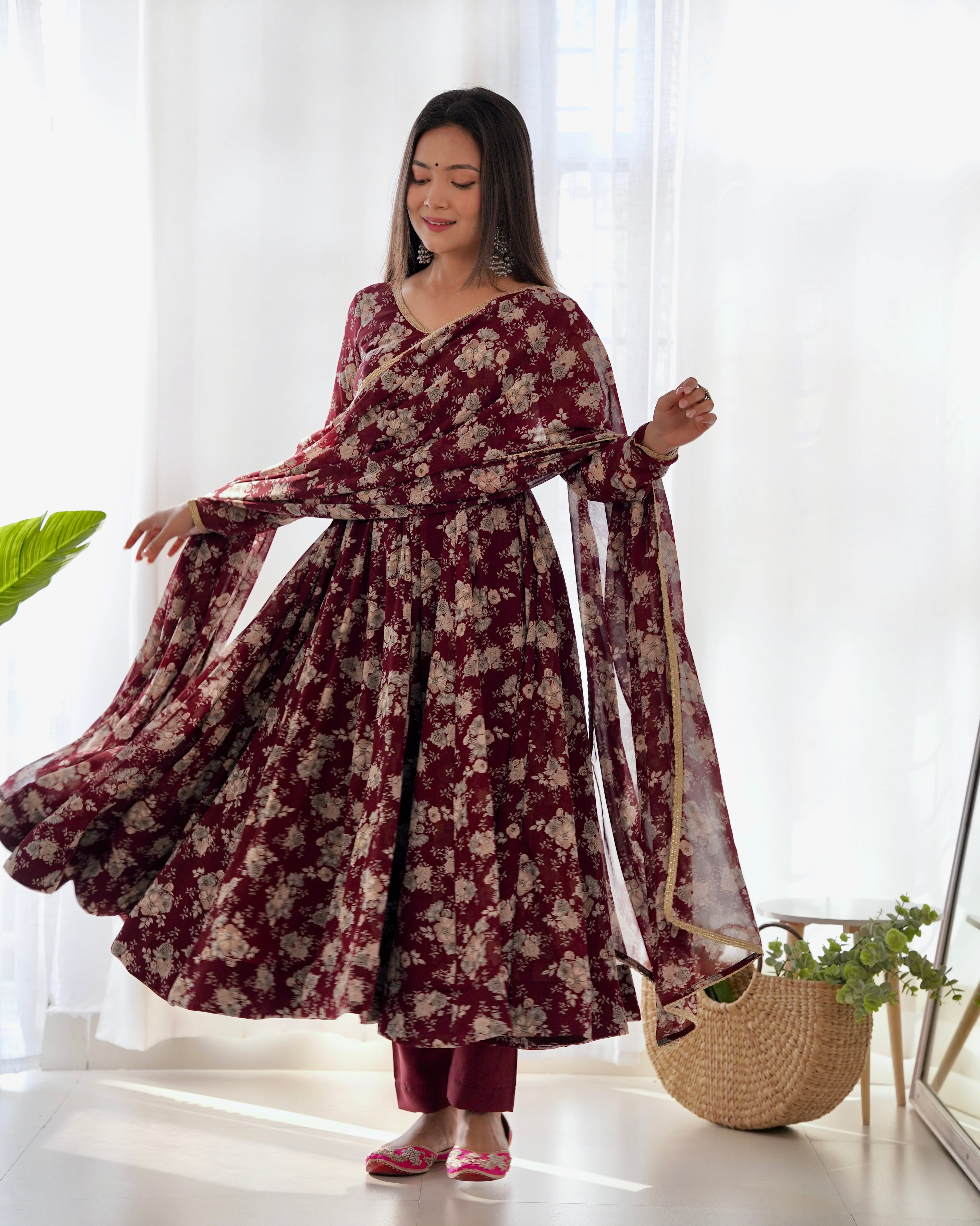 Faux Georgette Three Piece Dark Maroon Anarkali Suit
