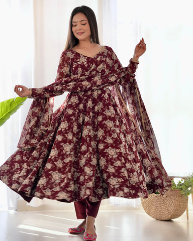 Faux Georgette Three Piece Dark Maroon Anarkali Suit
