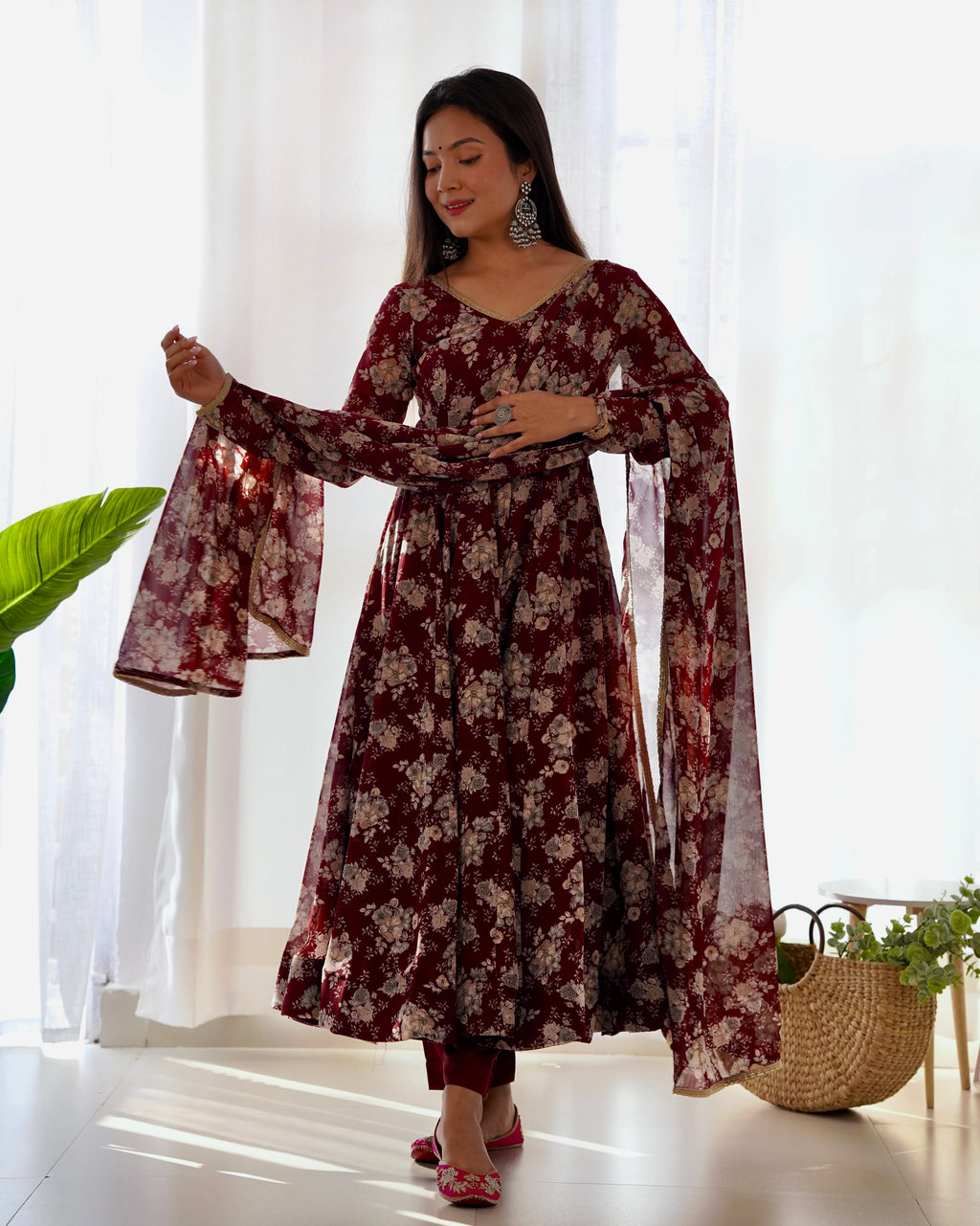 Faux Georgette Three Piece Dark Maroon Anarkali Suit
