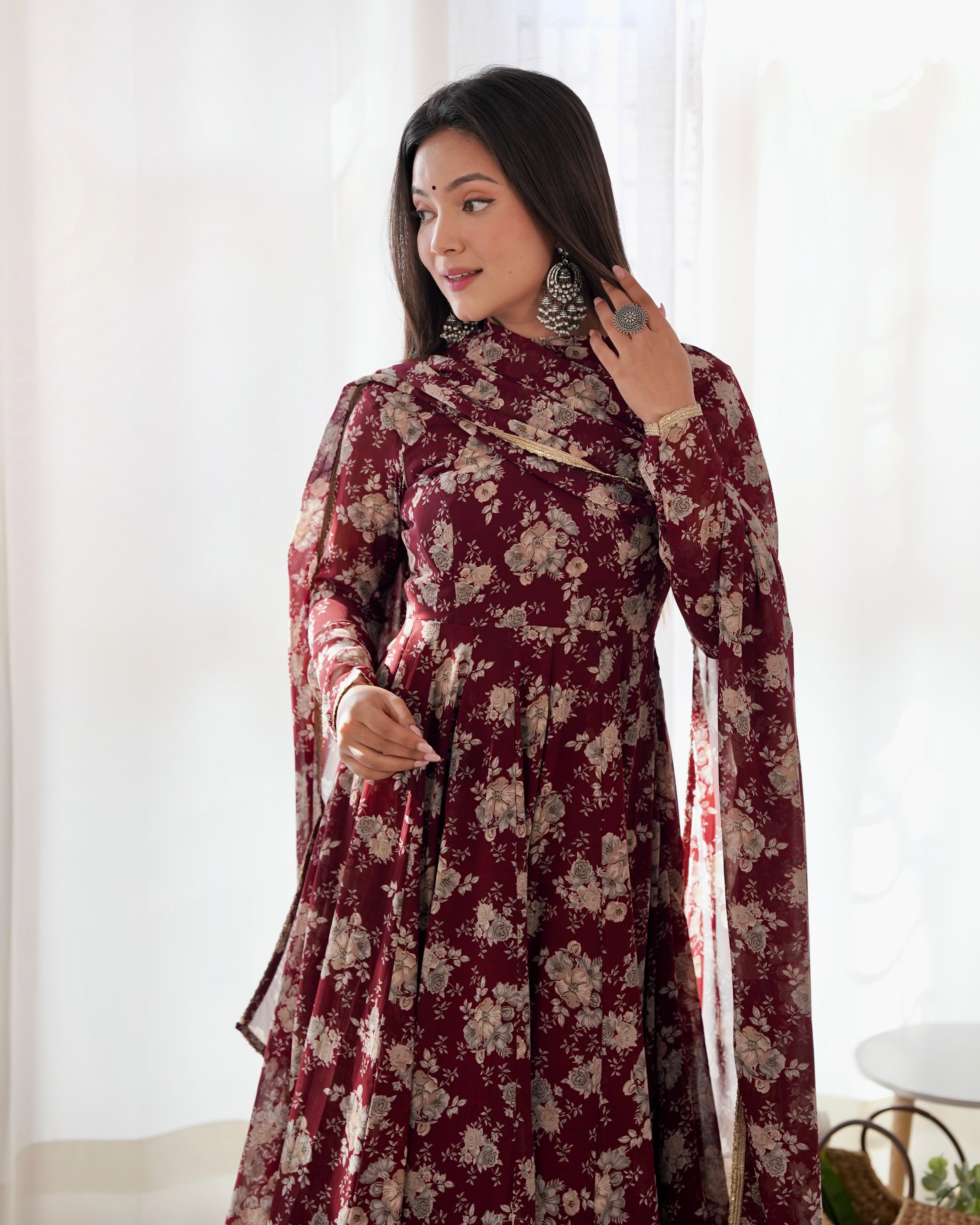 Faux Georgette Three Piece Dark Maroon Anarkali Suit
