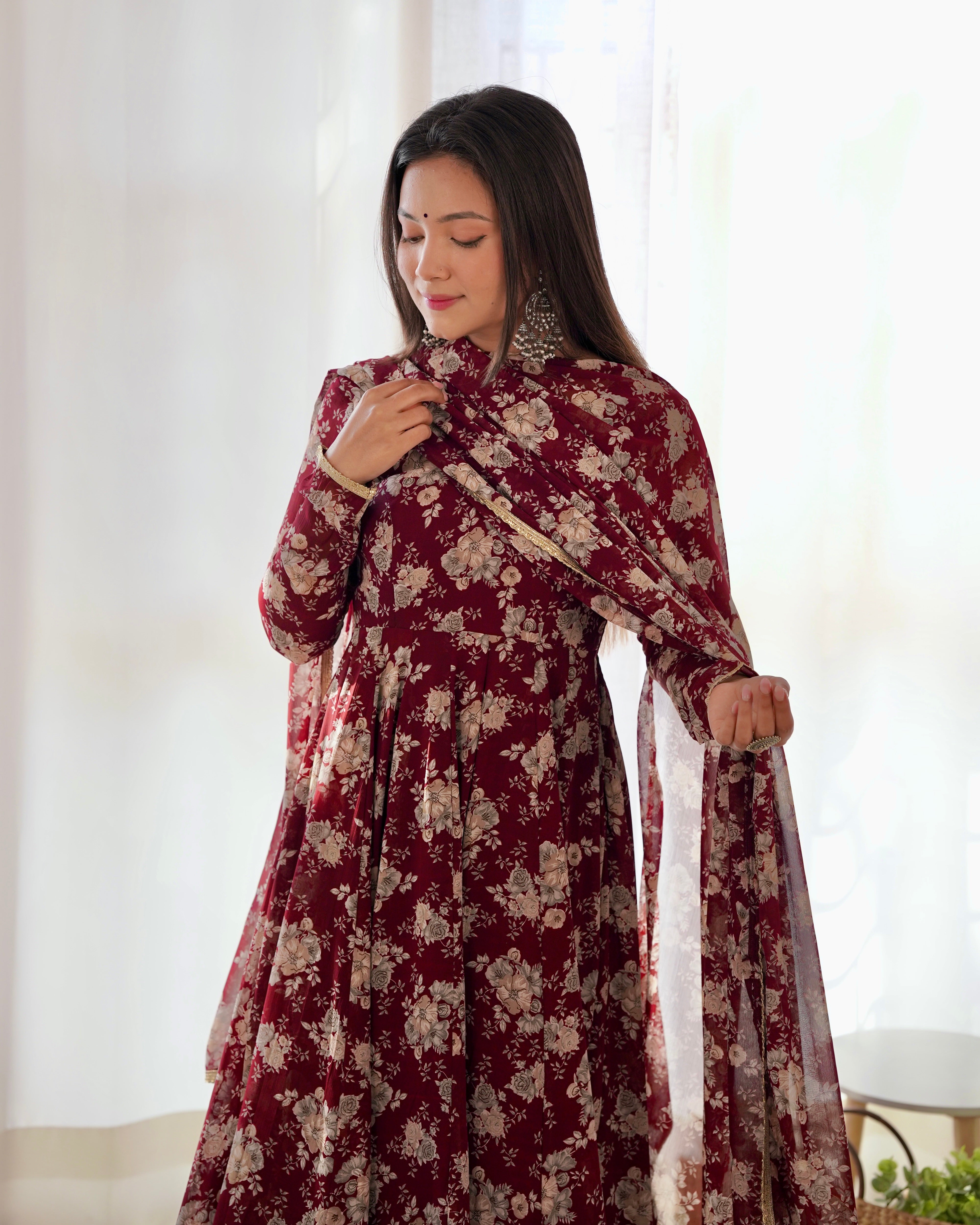Faux Georgette Three Piece Dark Maroon Anarkali Suit
