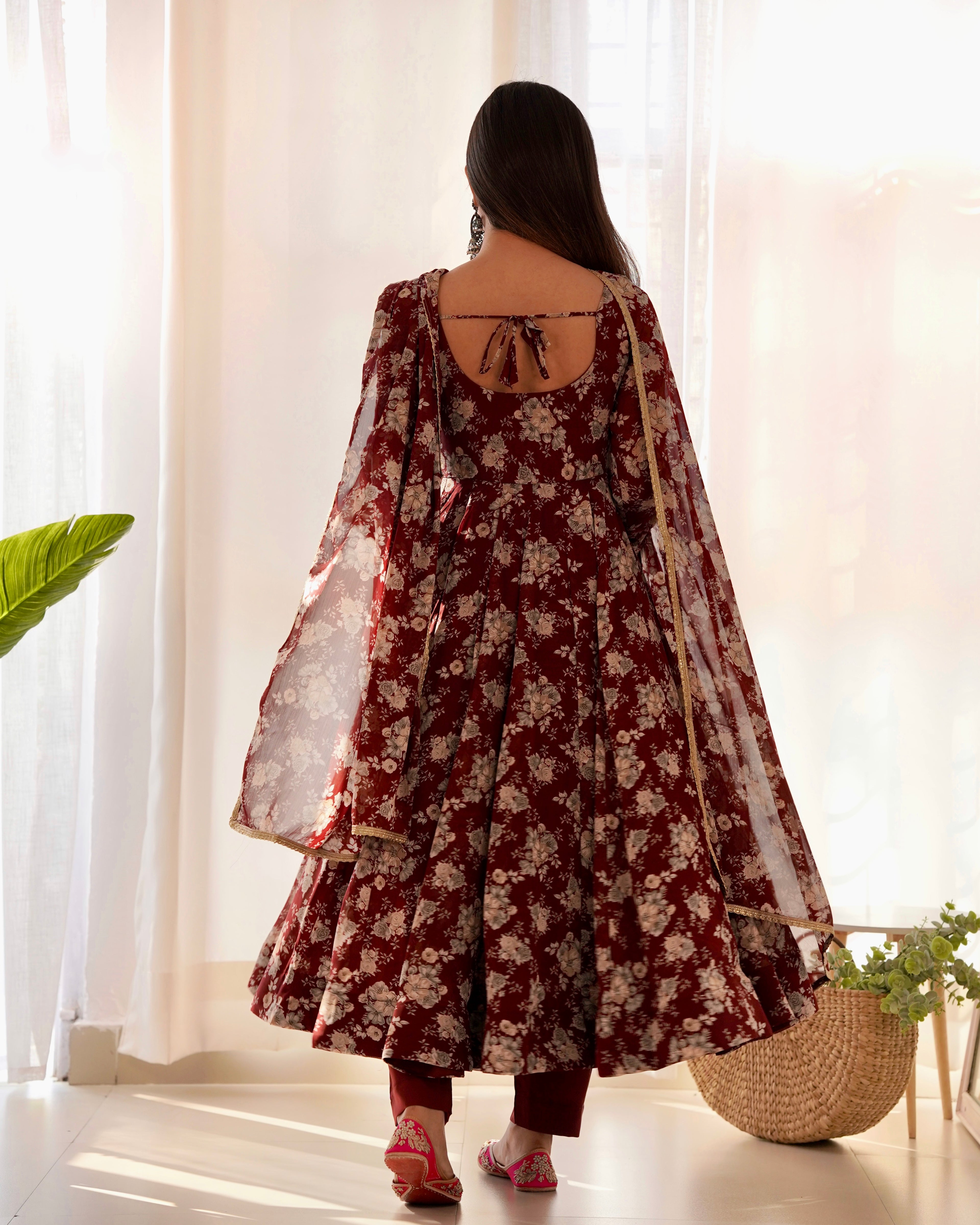 Faux Georgette Three Piece Dark Maroon Anarkali Suit
