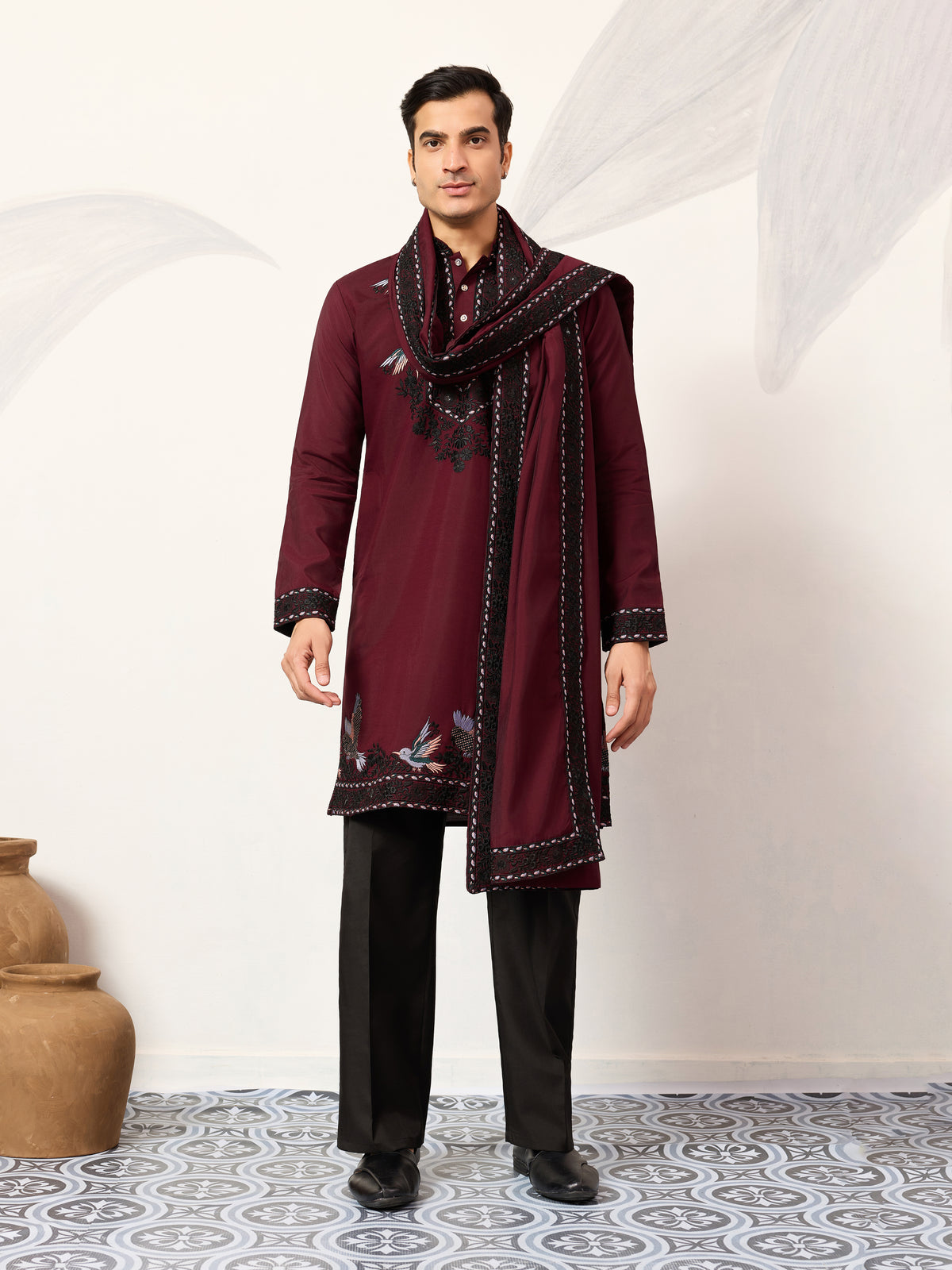 Vibrant Maroon Festive Kurta with Dupatta Set for Groom's Tribe