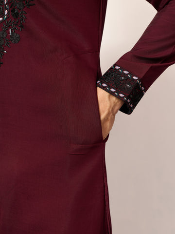 Vibrant Maroon Festive Kurta with Dupatta Set for Groom's Tribe