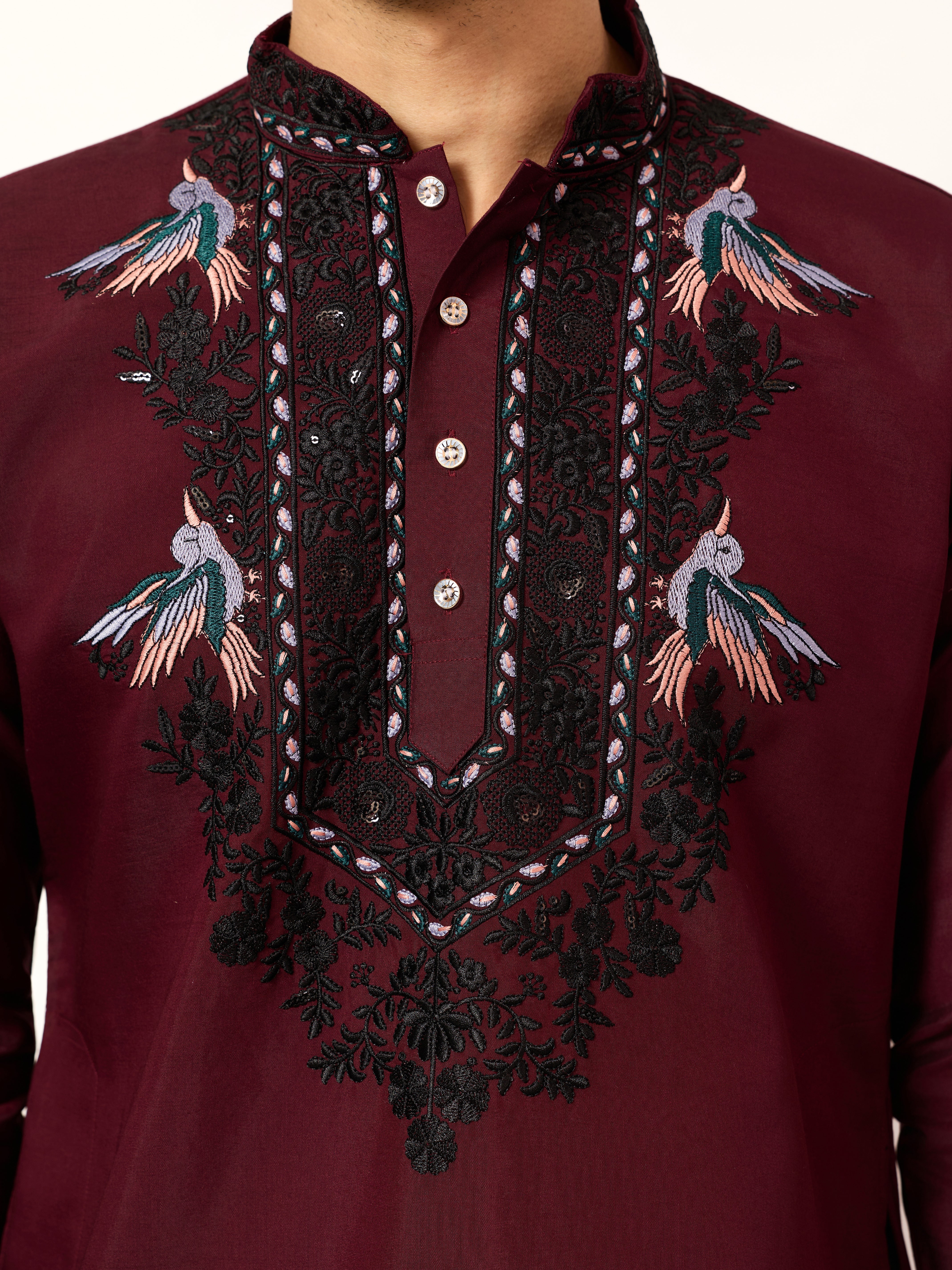 Vibrant Maroon Festive Kurta with Dupatta Set for Groom's Tribe