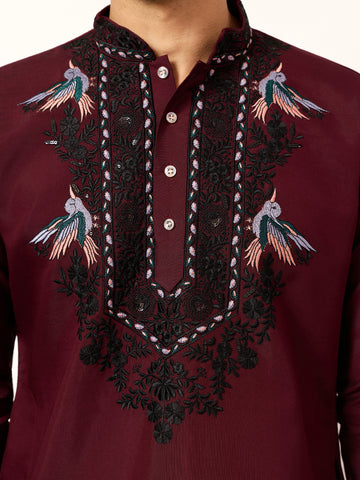 Vibrant Maroon Festive Kurta with Dupatta Set for Groom's Tribe