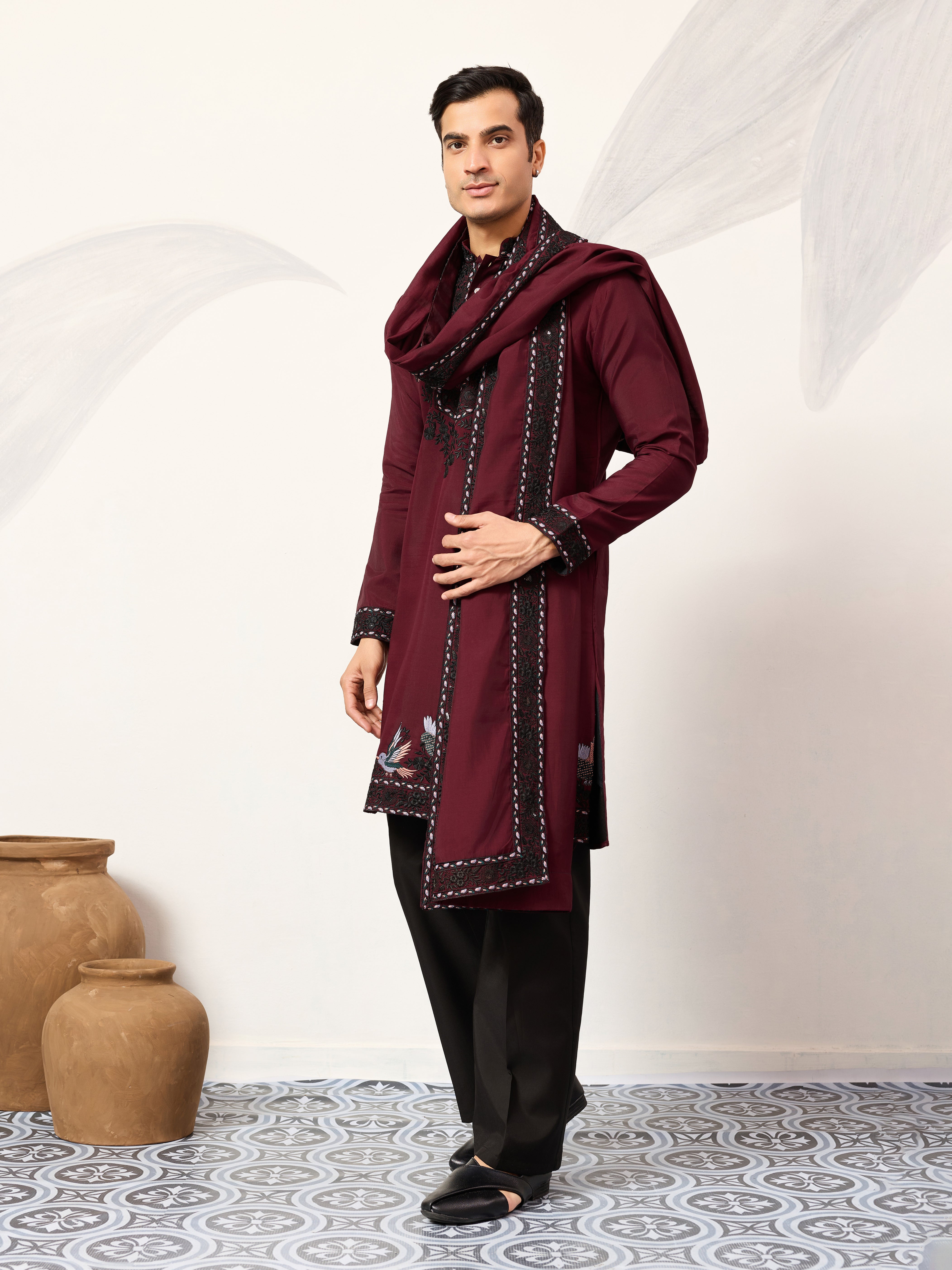 Vibrant Maroon Festive Kurta with Dupatta Set for Groom's Tribe