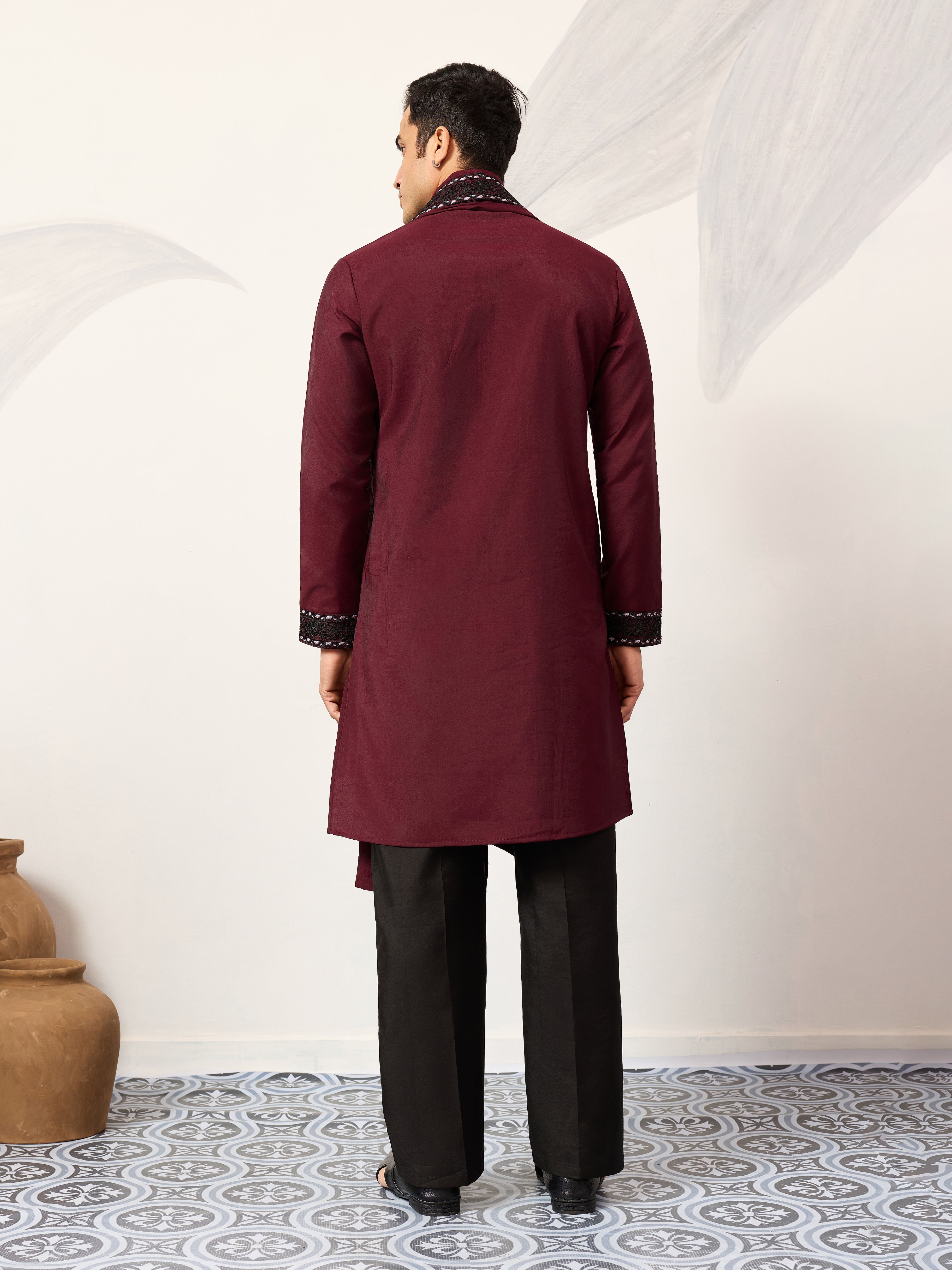 Vibrant Maroon Festive Kurta with Dupatta Set for Groom's Tribe