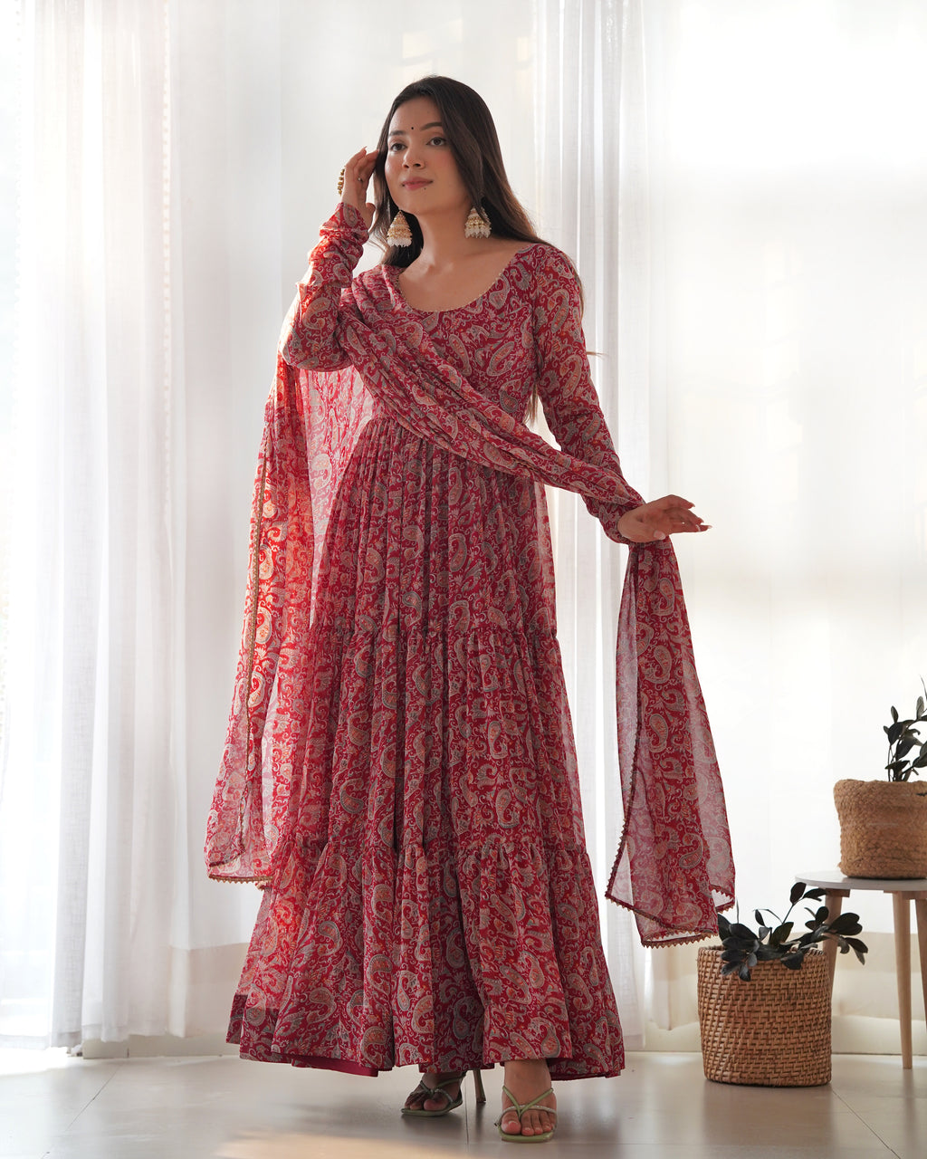 Maroon Color Pure Soft Foux Georgette Anarkali Suit With Huge Flair Comes With Duppatta & Pant
