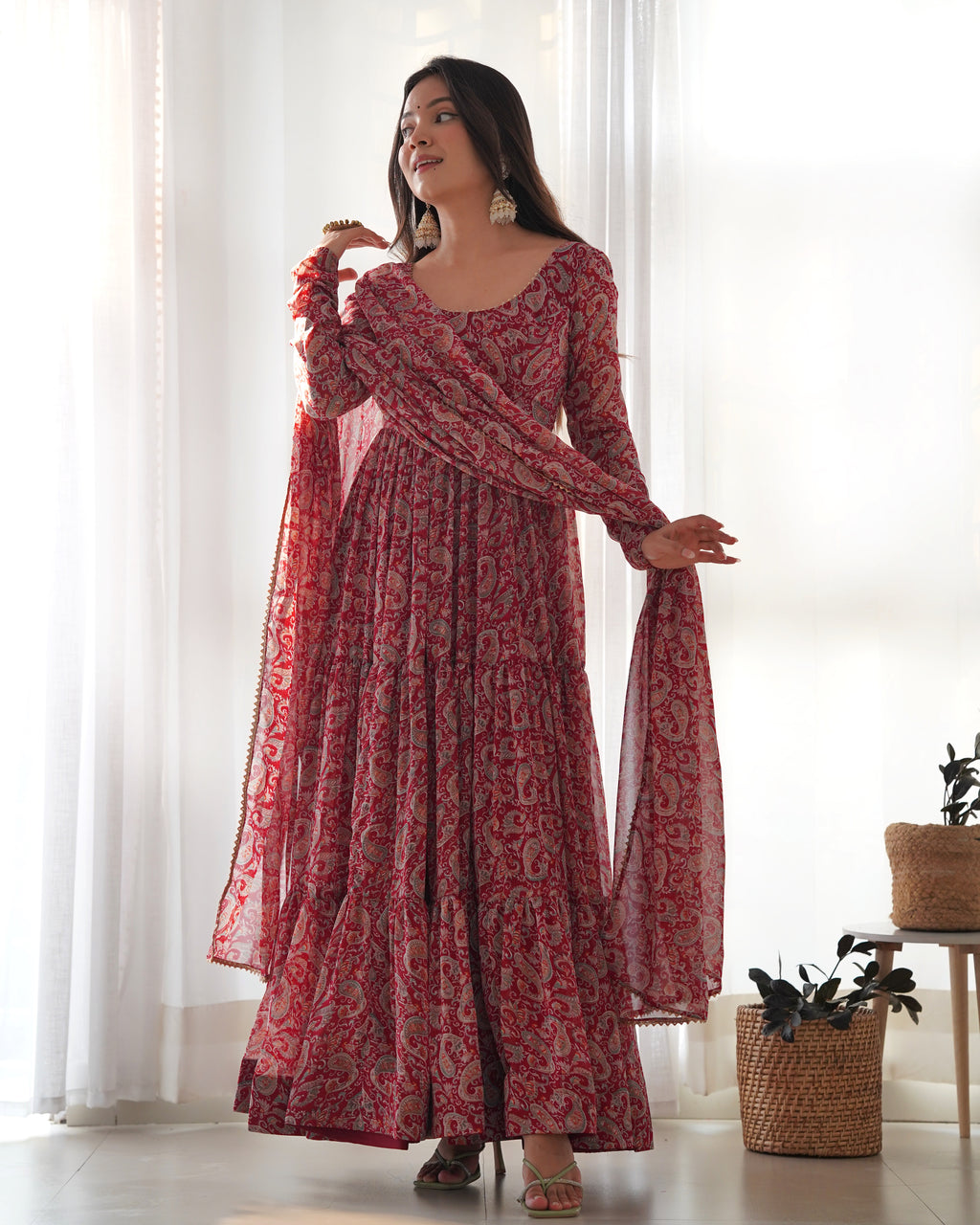 Maroon Color Pure Soft Foux Georgette Anarkali Suit With Huge Flair Comes With Duppatta & Pant
