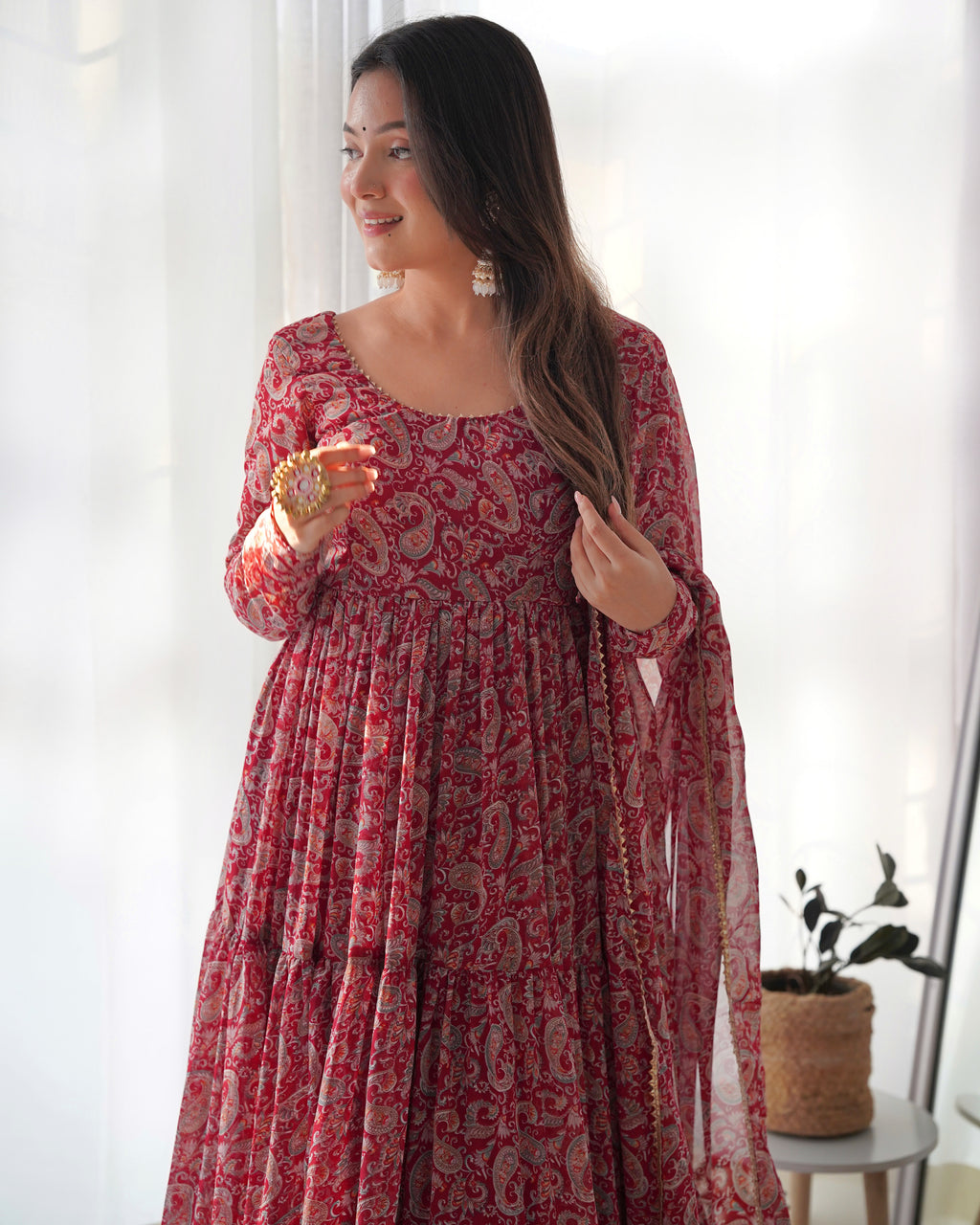 Maroon Color Pure Soft Foux Georgette Anarkali Suit With Huge Flair Comes With Duppatta & Pant
