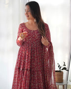 Maroon Color Pure Soft Foux Georgette Anarkali Suit With Huge Flair Comes With Duppatta & Pant
