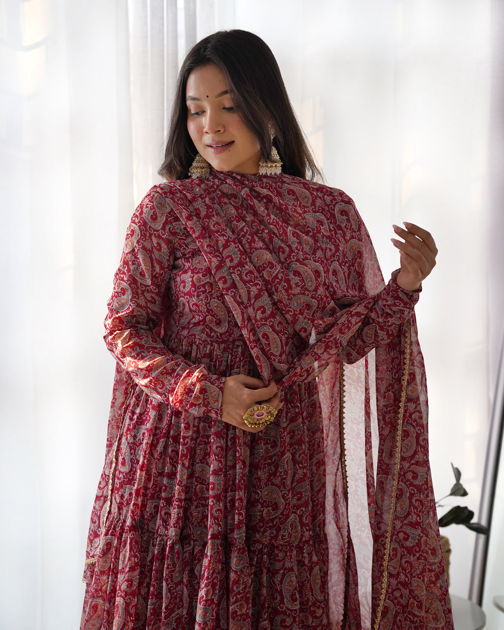 Maroon Color Pure Soft Foux Georgette Anarkali Suit With Huge Flair Comes With Duppatta & Pant
