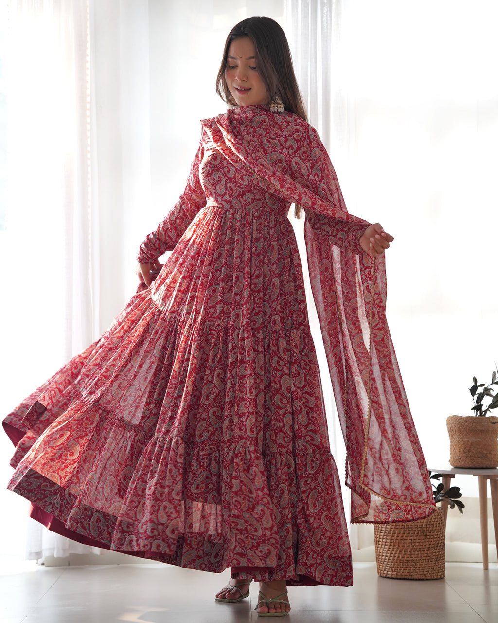 Maroon Color Pure Soft Foux Georgette Anarkali Suit With Huge Flair Comes With Duppatta & Pant
