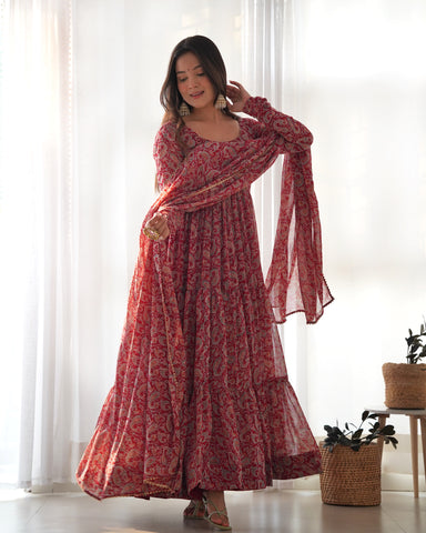 Maroon Color Pure Soft Foux Georgette Anarkali Suit With Huge Flair Comes With Duppatta & Pant
