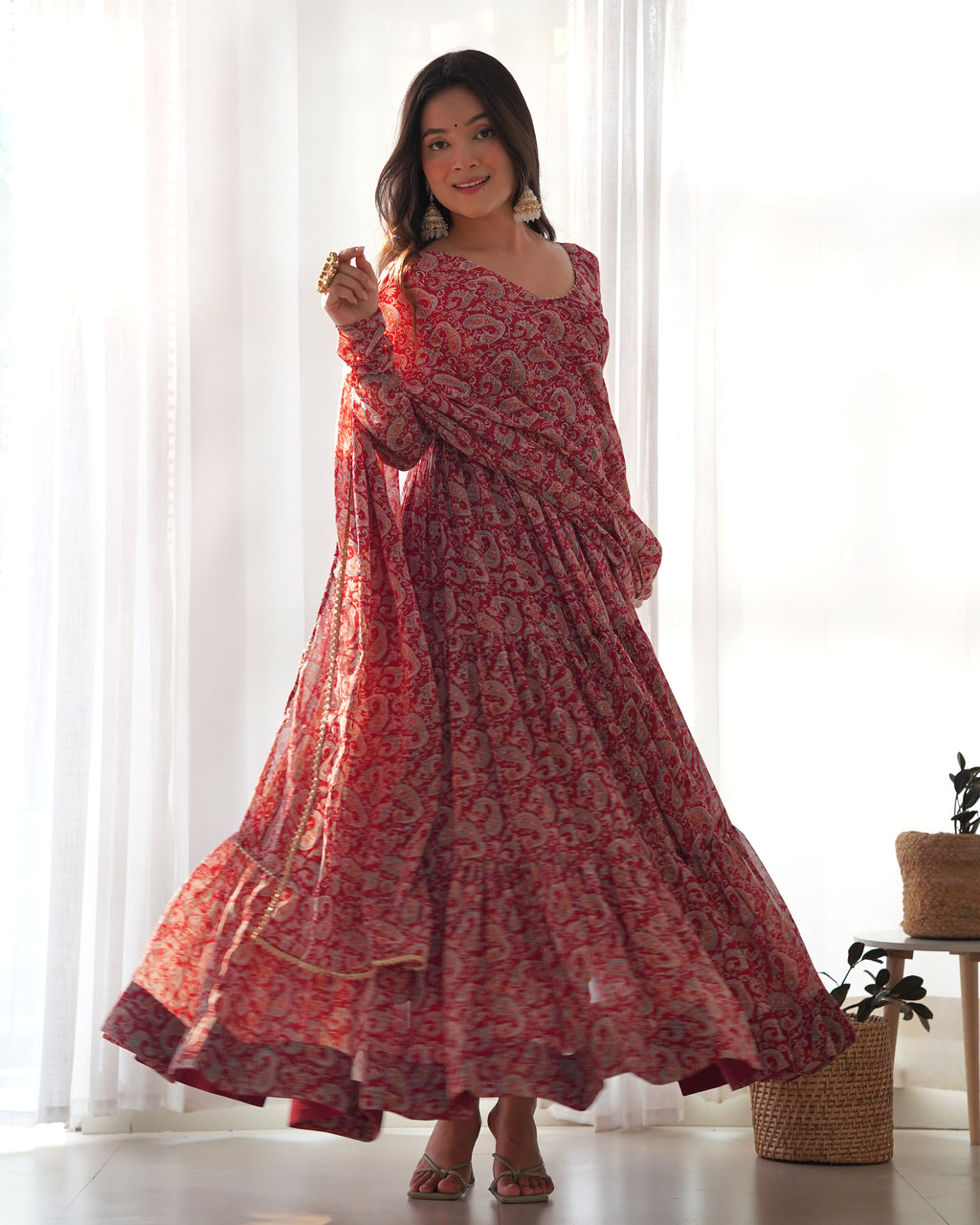 Maroon Color Pure Soft Foux Georgette Anarkali Suit With Huge Flair Comes With Duppatta & Pant
