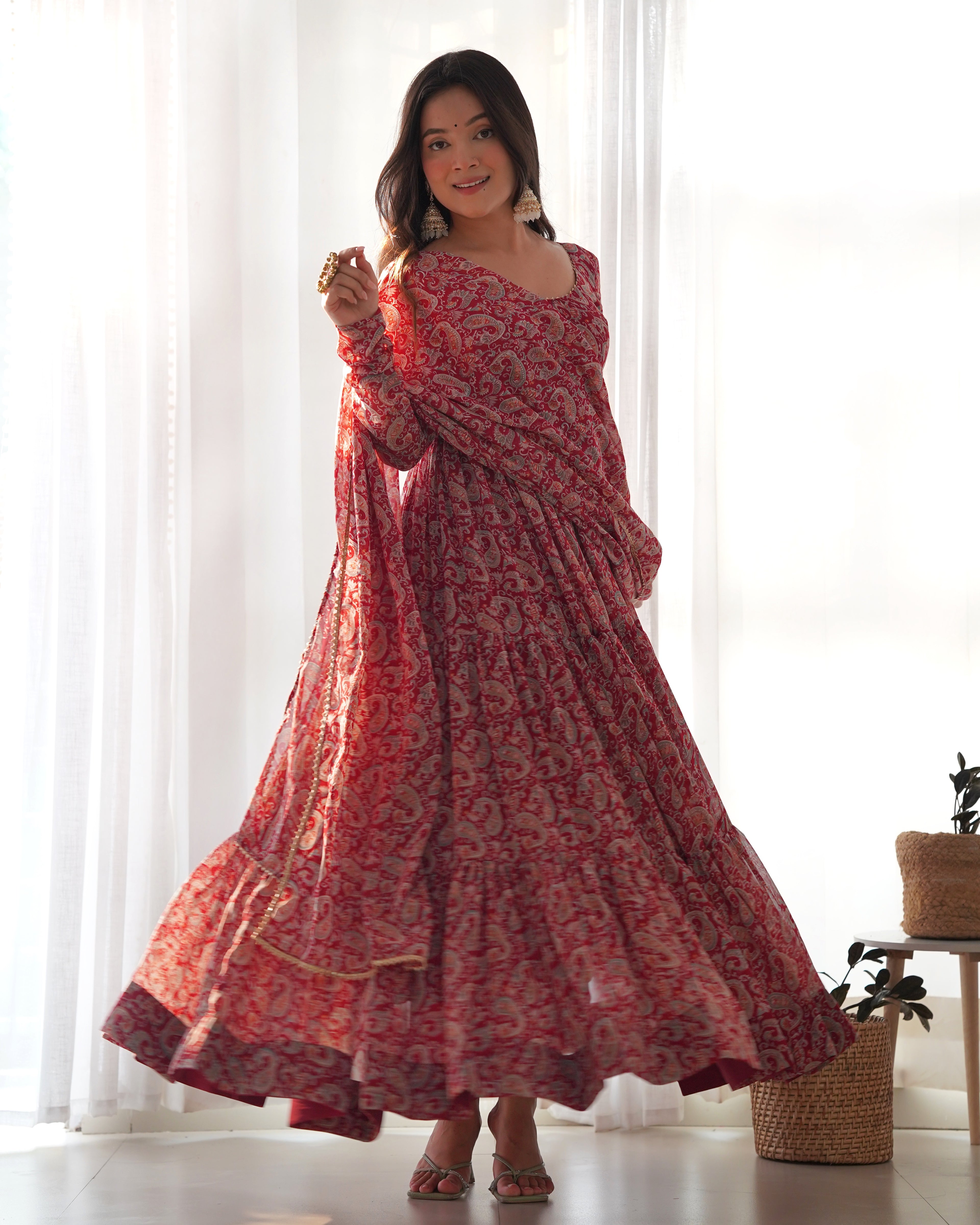 Maroon Color Pure Soft Foux Georgette Anarkali Suit With Huge Flair Comes With Duppatta & Pant
