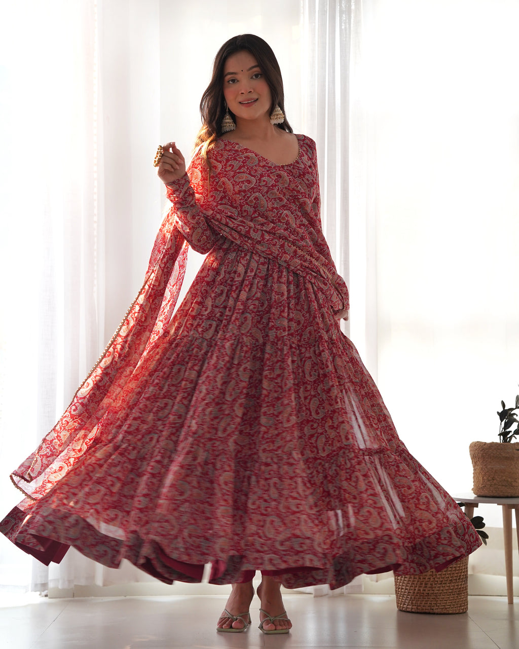 Maroon Color Pure Soft Foux Georgette Anarkali Suit With Huge Flair Comes With Duppatta & Pant
