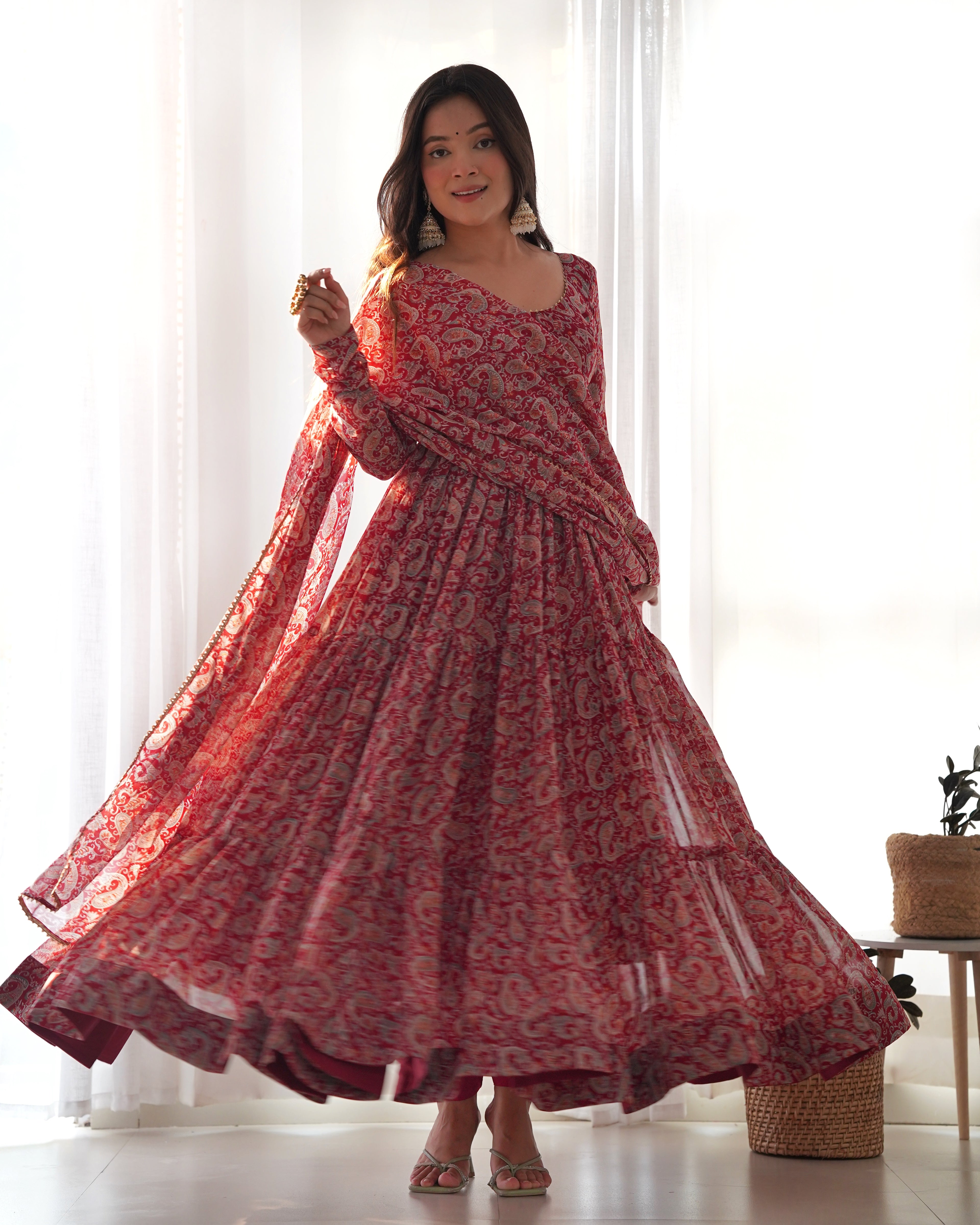 Maroon Color Pure Soft Foux Georgette Anarkali Suit With Huge Flair Comes With Duppatta & Pant
