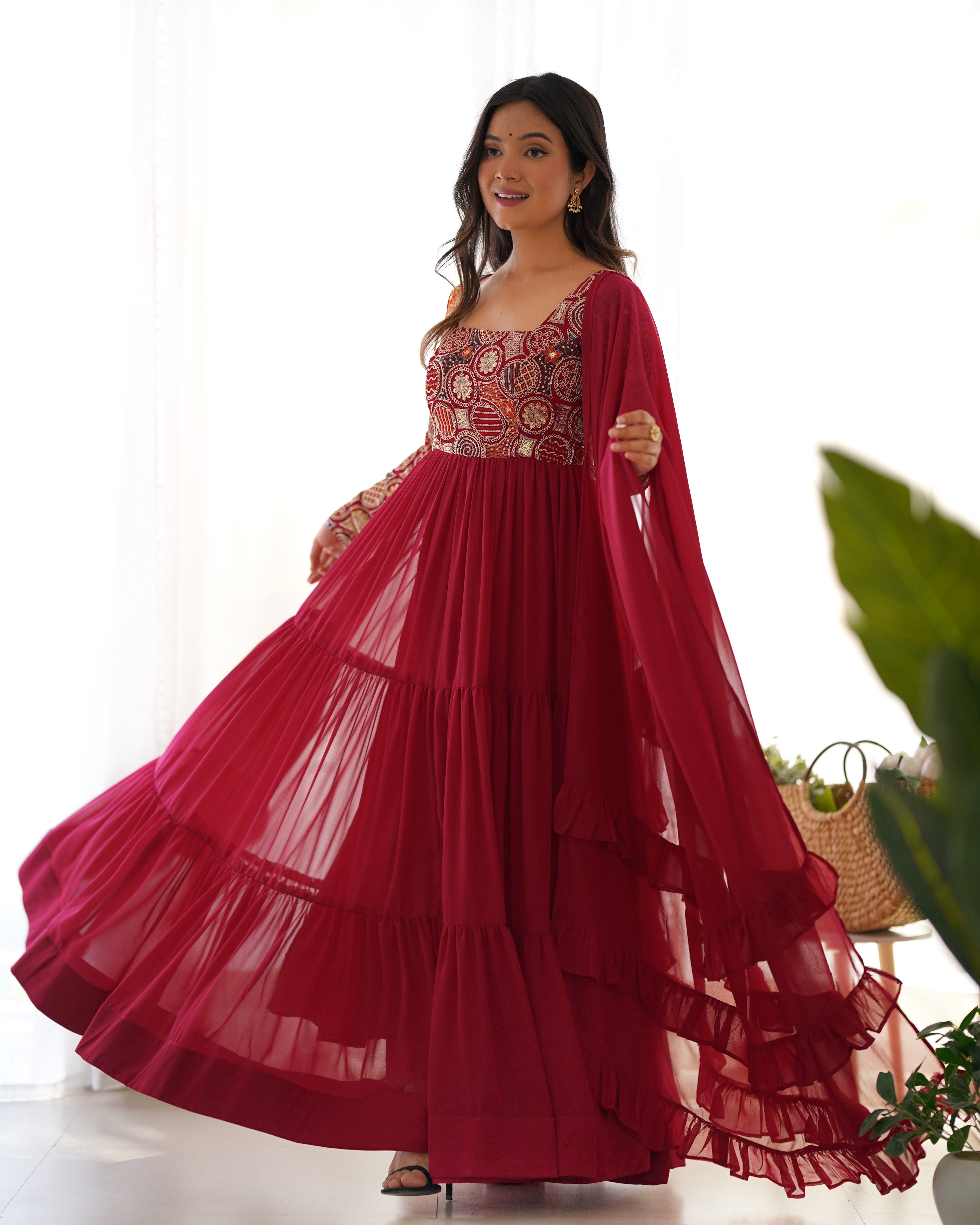 Maroon Pure Fox Georgette Anarkali Suit with Dupatta & Pant