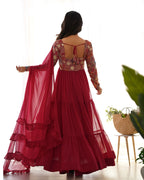 Maroon Pure Fox Georgette Anarkali Suit with Dupatta & Pant
