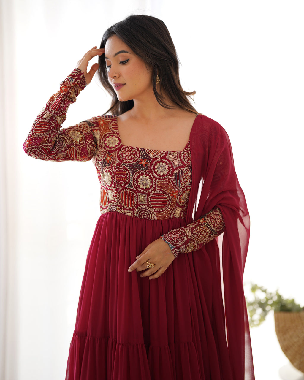 Maroon Pure Fox Georgette Anarkali Suit with Dupatta & Pant
