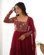 Maroon Pure Fox Georgette Anarkali Suit with Dupatta & Pant
