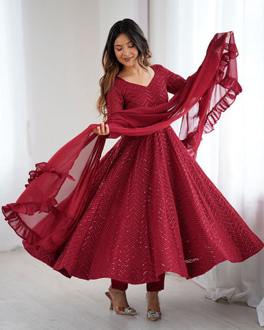 Maroon Color Georgette Lucknowi Three Piece Anarkali Suit
