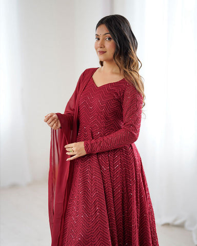 Maroon Color Georgette Lucknowi Three Piece Anarkali Suit