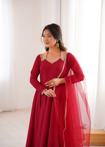 Royal Georgette Maroon Anarkali Gown with Dupatta