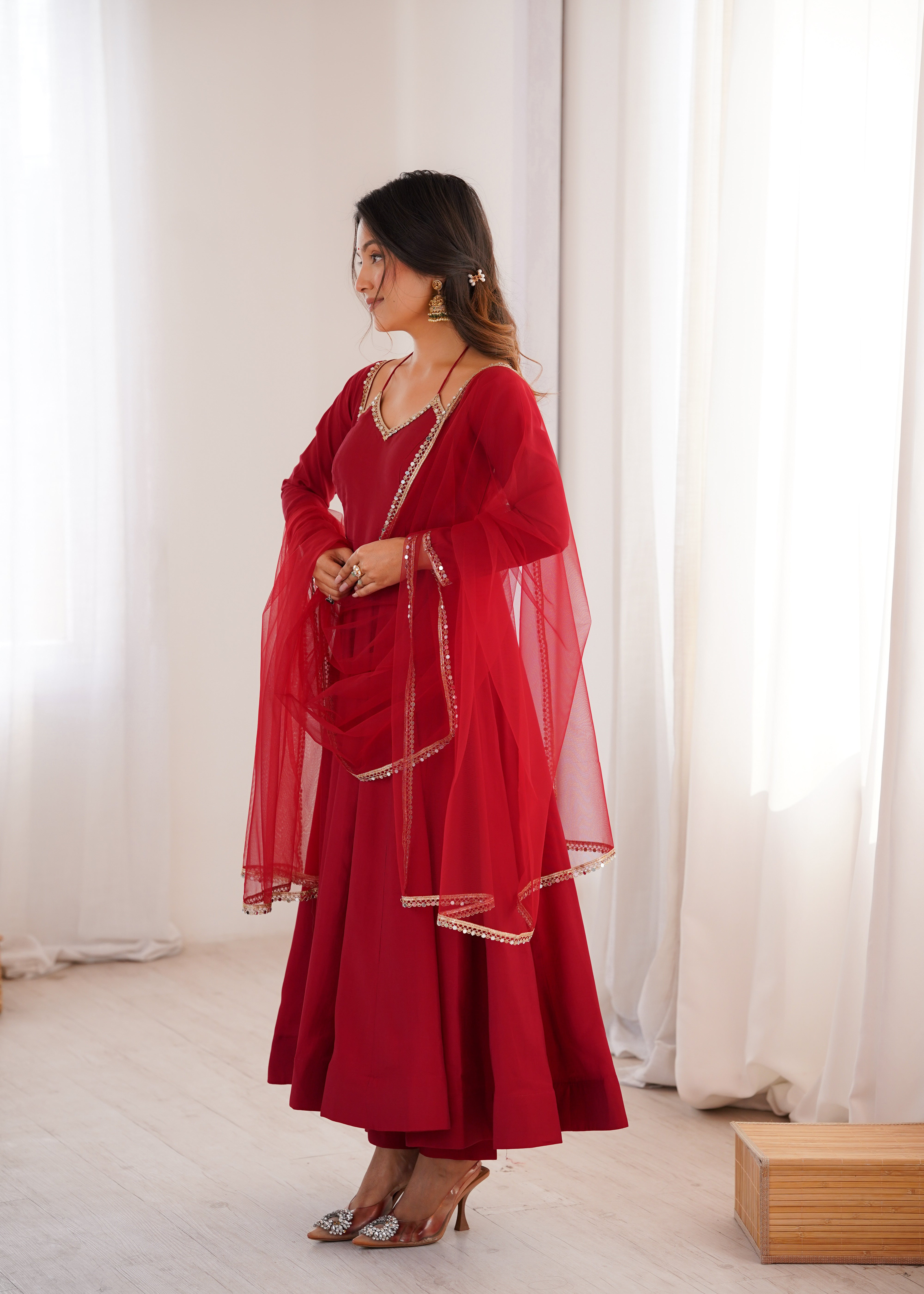 Royal Georgette Maroon Anarkali Gown with Dupatta