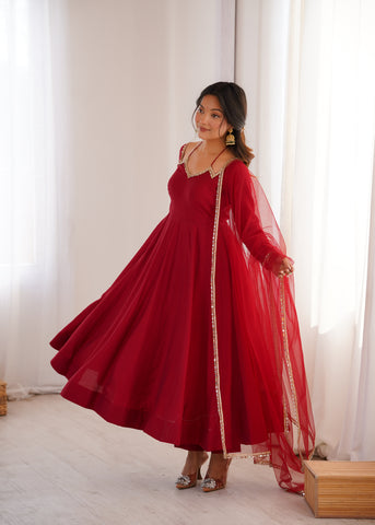 Royal Georgette Maroon Anarkali Gown with Dupatta