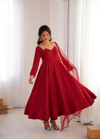 Royal Georgette Maroon Anarkali Gown with Dupatta