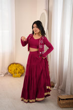 Maroon Reyon Gota Patti Mirror Work Lehenga Koti Set | Tulip Designer
