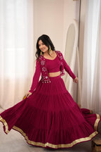 Maroon Reyon Gota Patti Mirror Work Lehenga Koti Set | Tulip Designer
