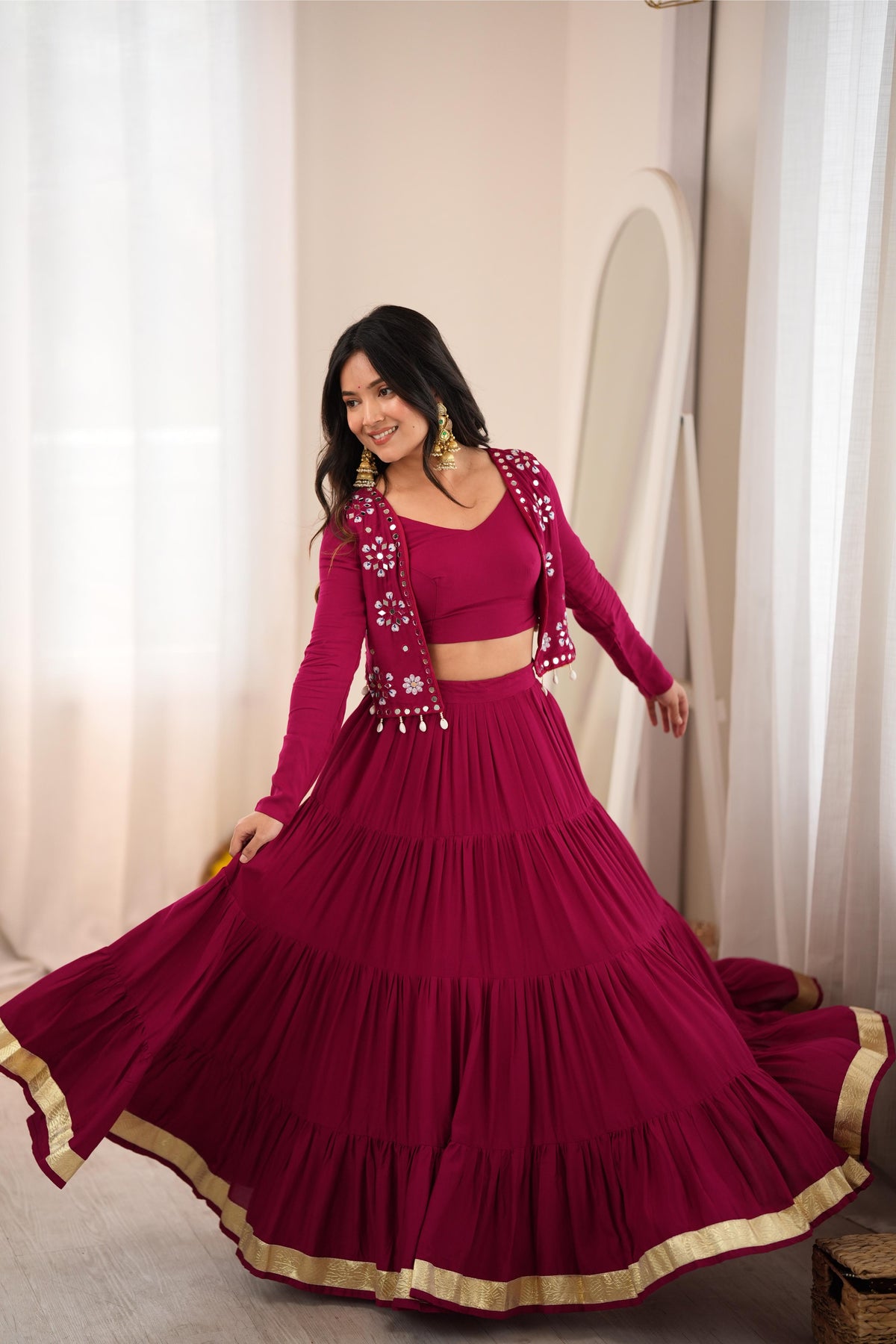 Maroon Reyon Gota Patti Mirror Work Lehenga Koti Set | Tulip Designer
