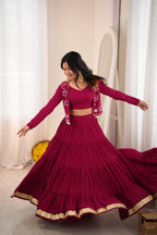 Maroon Reyon Gota Patti Mirror Work Lehenga Koti Set | Tulip Designer
