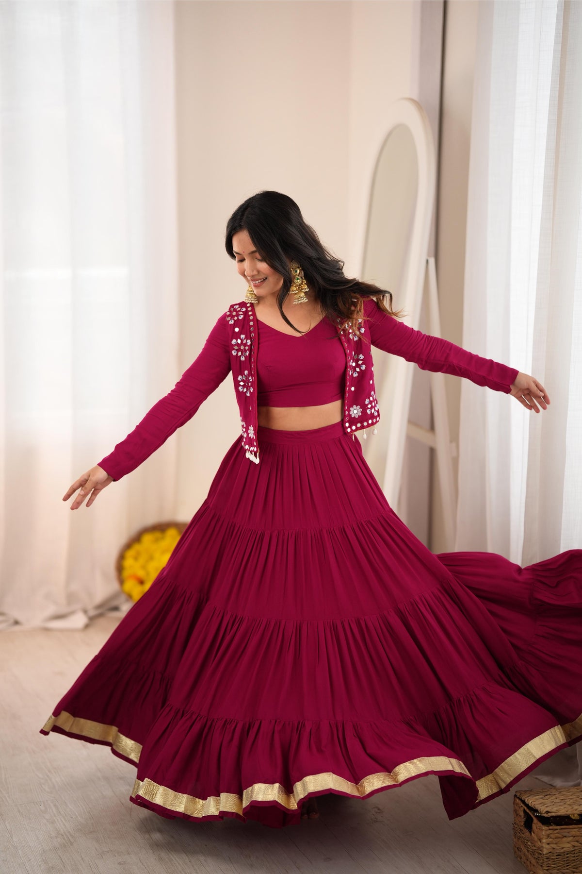 Maroon Reyon Gota Patti Mirror Work Lehenga Koti Set | Tulip Designer
