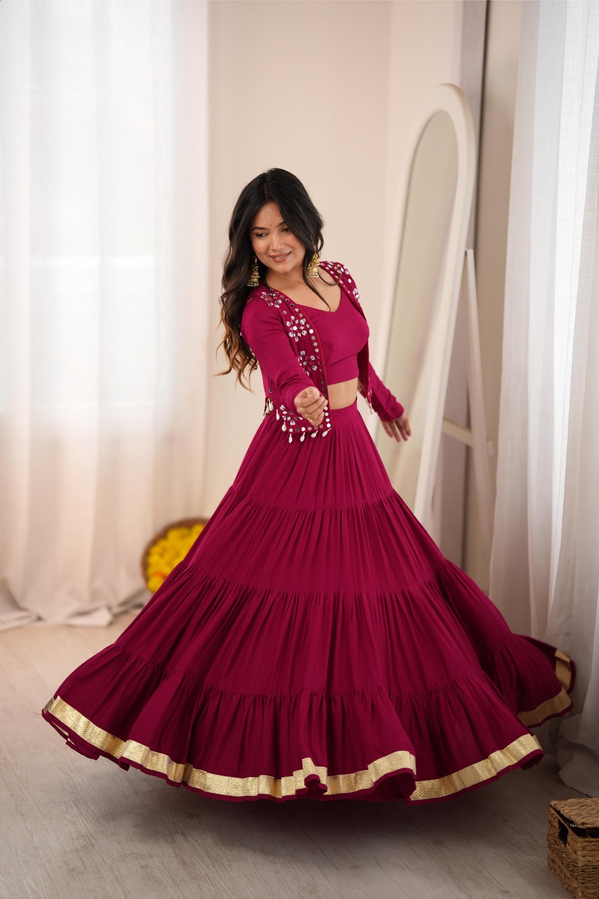 Maroon Reyon Gota Patti Mirror Work Lehenga Koti Set | Tulip Designer
