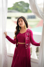 Maroon Reyon Gota Patti Mirror Work Lehenga Koti Set | Tulip Designer
