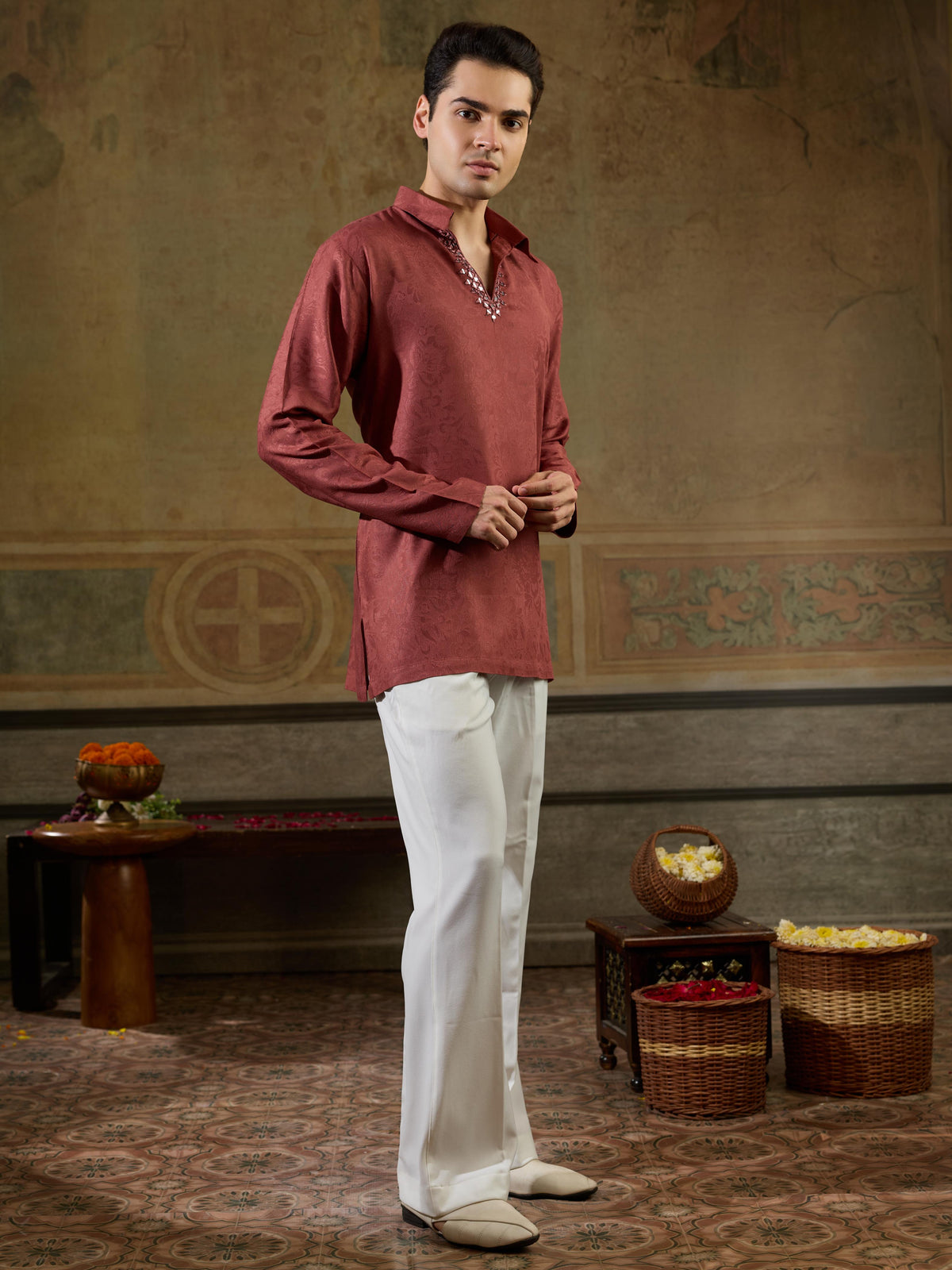Rust Maroon Jacquard Rayon Mirror Kurta Set | Tulip Designer
